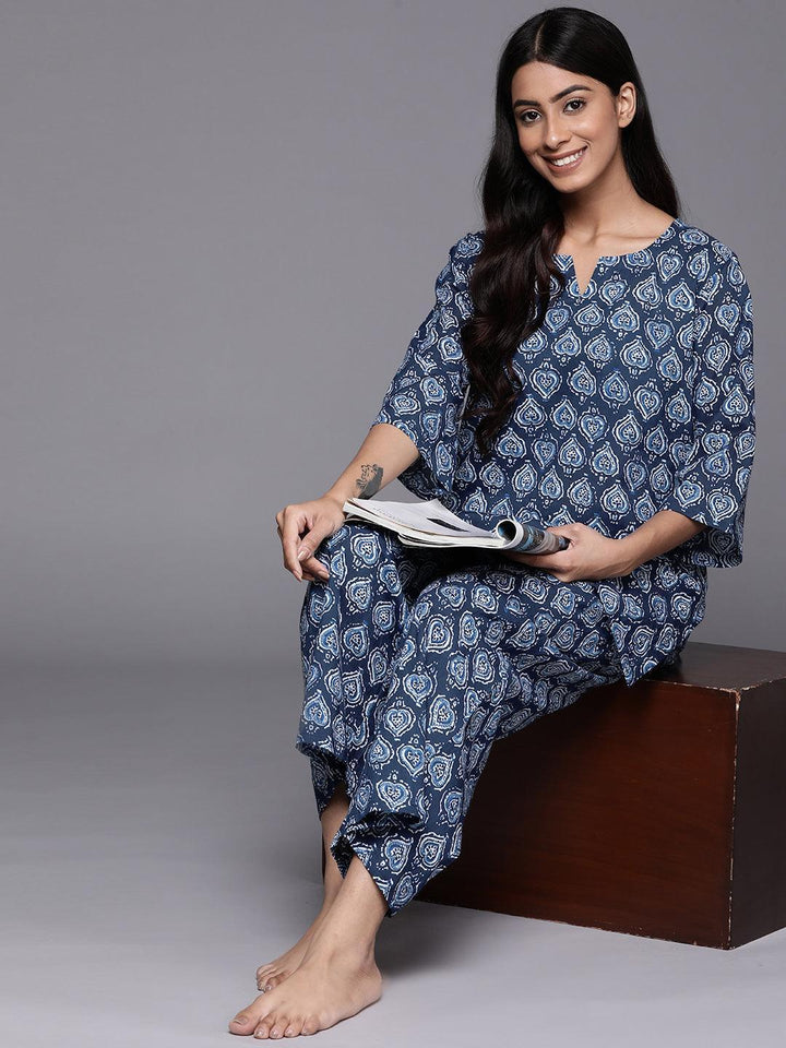 Navy Blue Printed Cotton Night Suit - ShopLibas