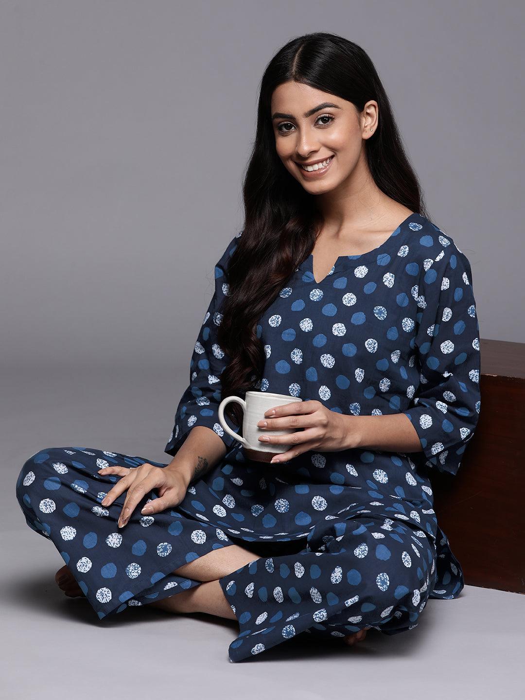 Navy Blue Printed Cotton Night Suit - ShopLibas 