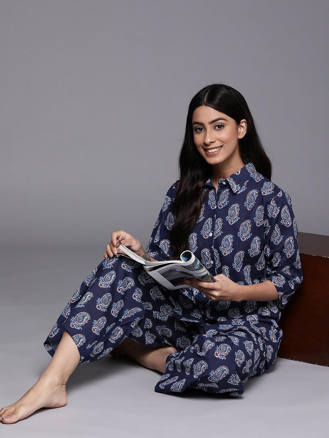 Navy Blue Printed Cotton Night Suit - ShopLibas