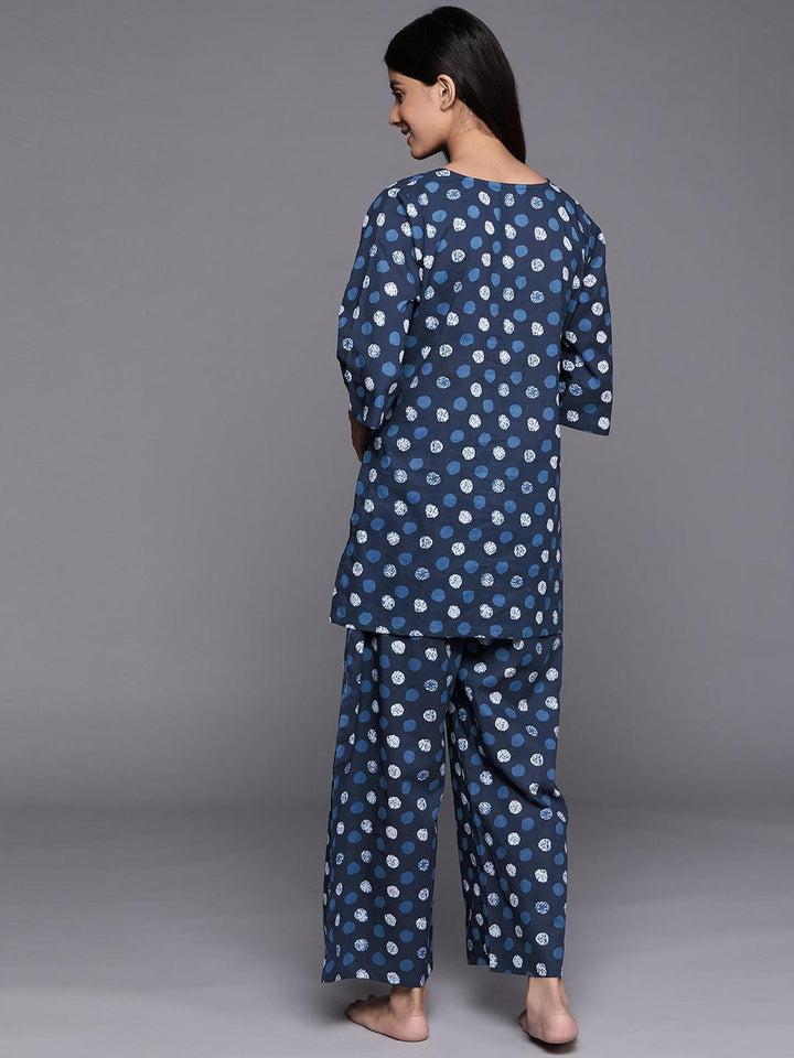 Navy Blue Printed Cotton Night Suit