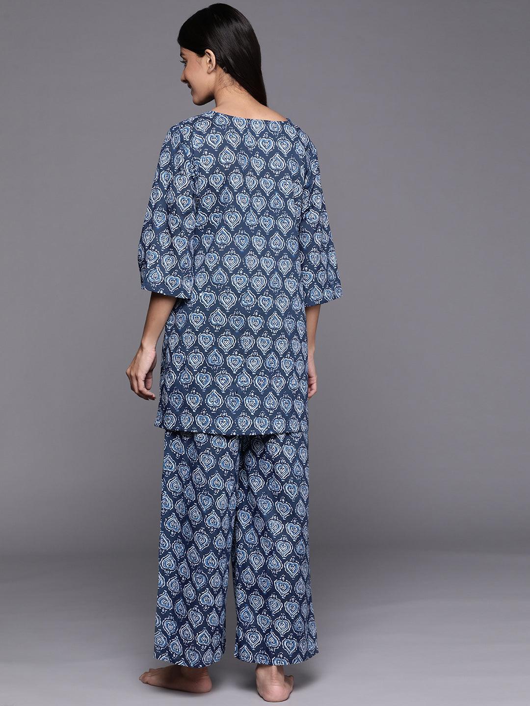 Navy Blue Printed Cotton Night Suit - ShopLibas