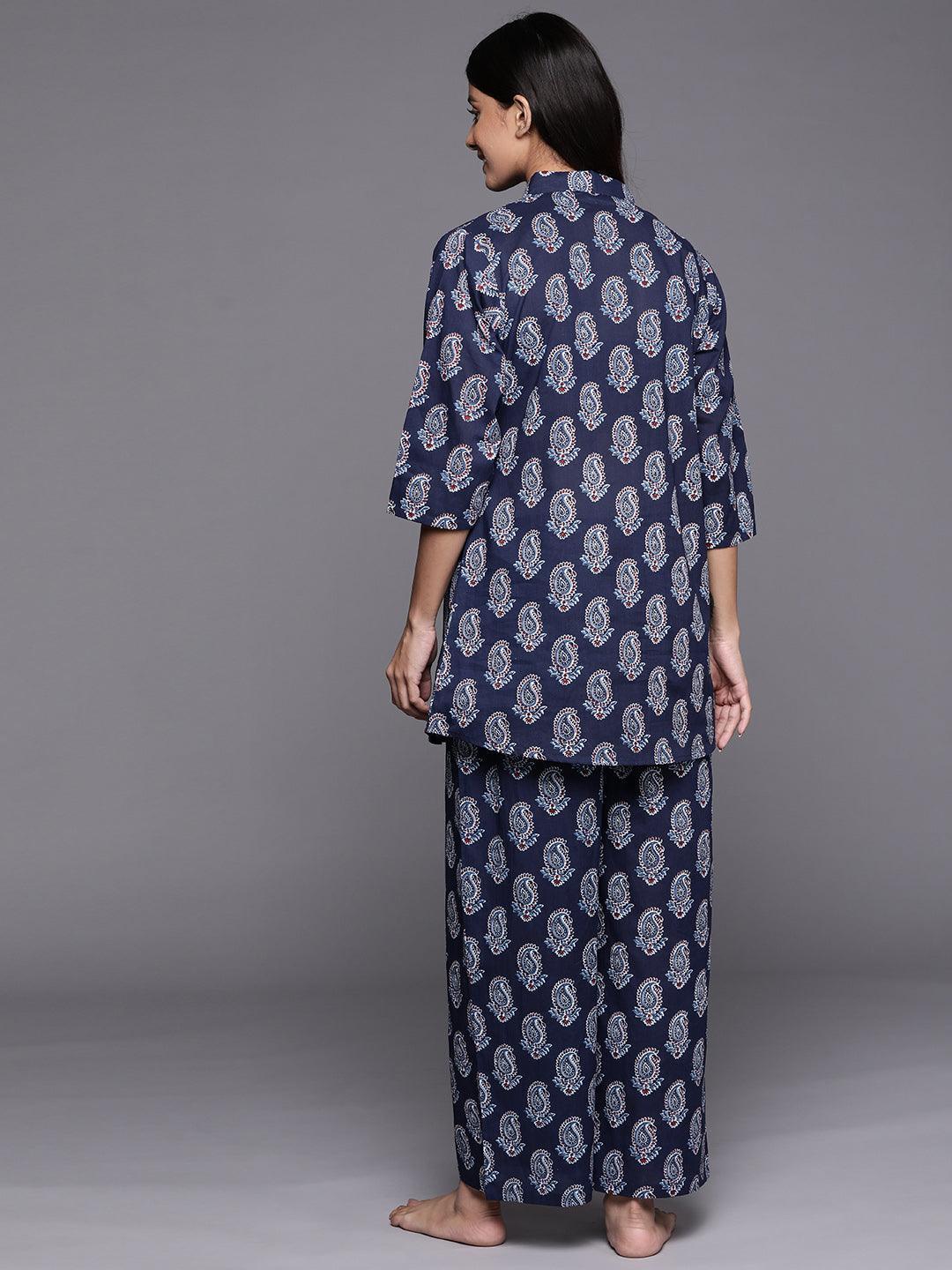 Navy Blue Printed Cotton Night Suit - ShopLibas