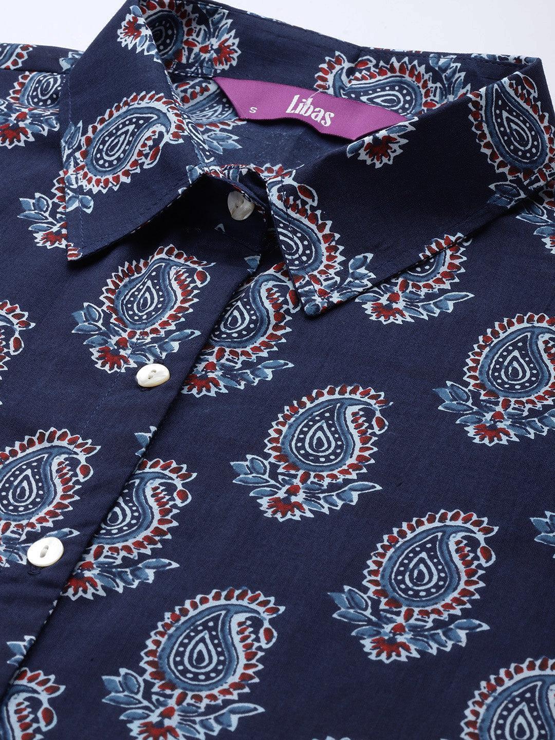 Navy Blue Printed Cotton Night Suit - ShopLibas