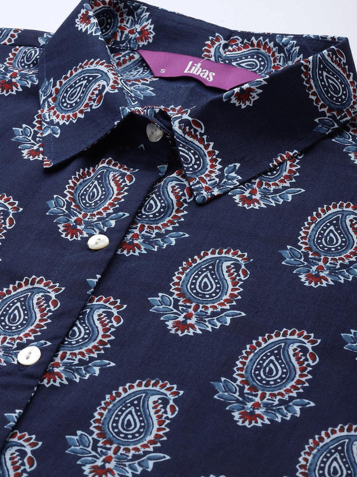 Navy Blue Printed Cotton Night Suit - ShopLibas