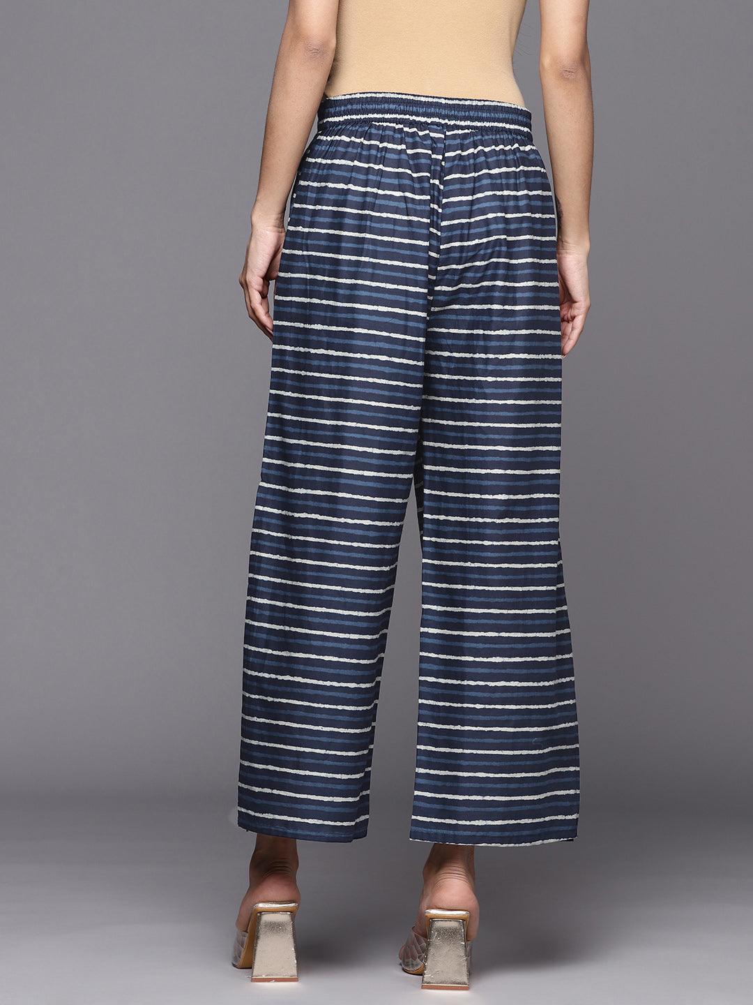 Navy Blue Printed Cotton Palazzos - ShopLibas 
