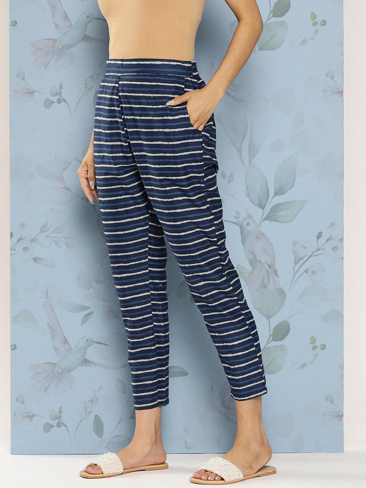 Navy Blue Printed Cotton Trousers