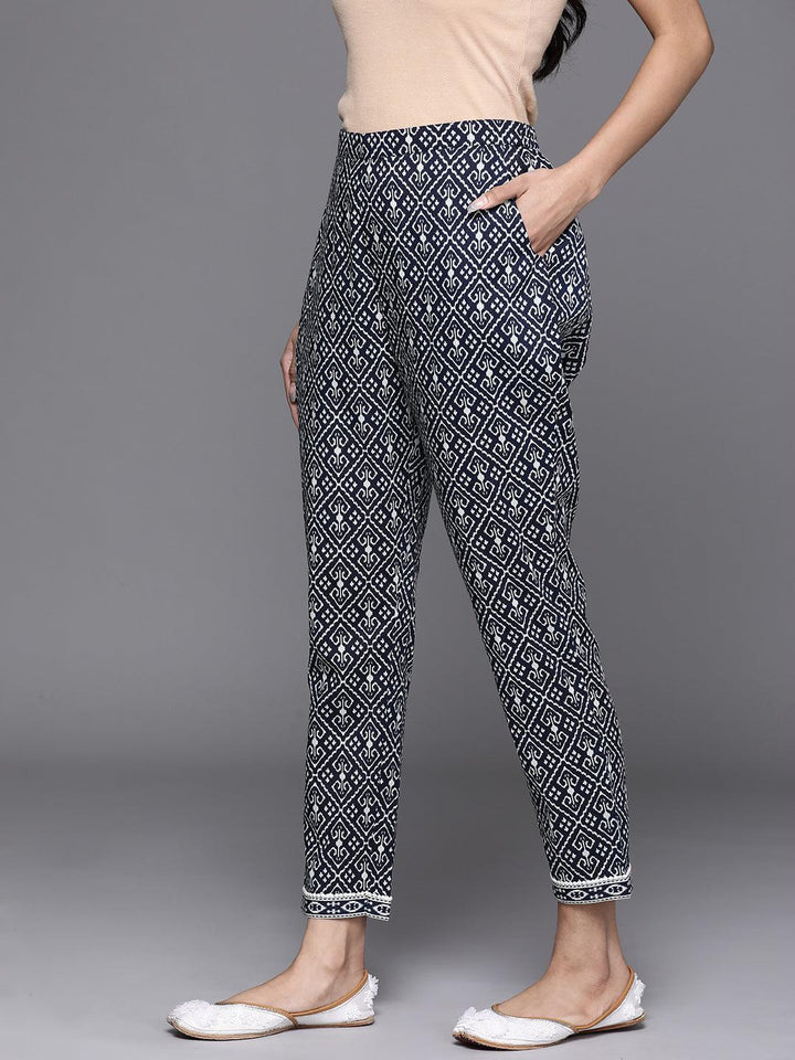 Navy Blue Printed Cotton Trousers - ShopLibas