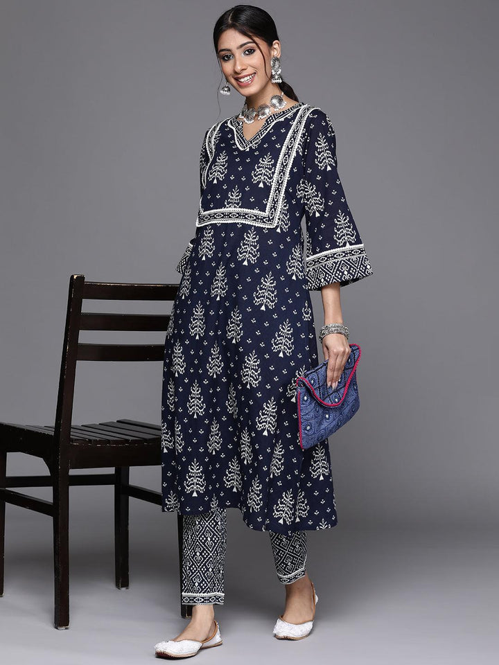 Navy Blue Printed Cotton Trousers - ShopLibas
