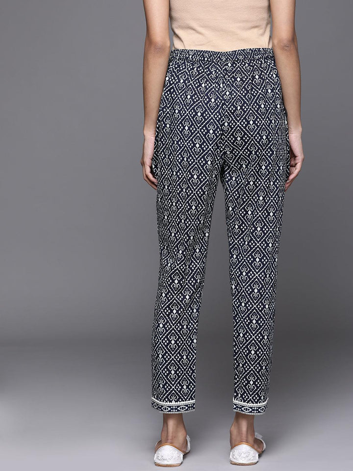 Navy Blue Printed Cotton Trousers - ShopLibas