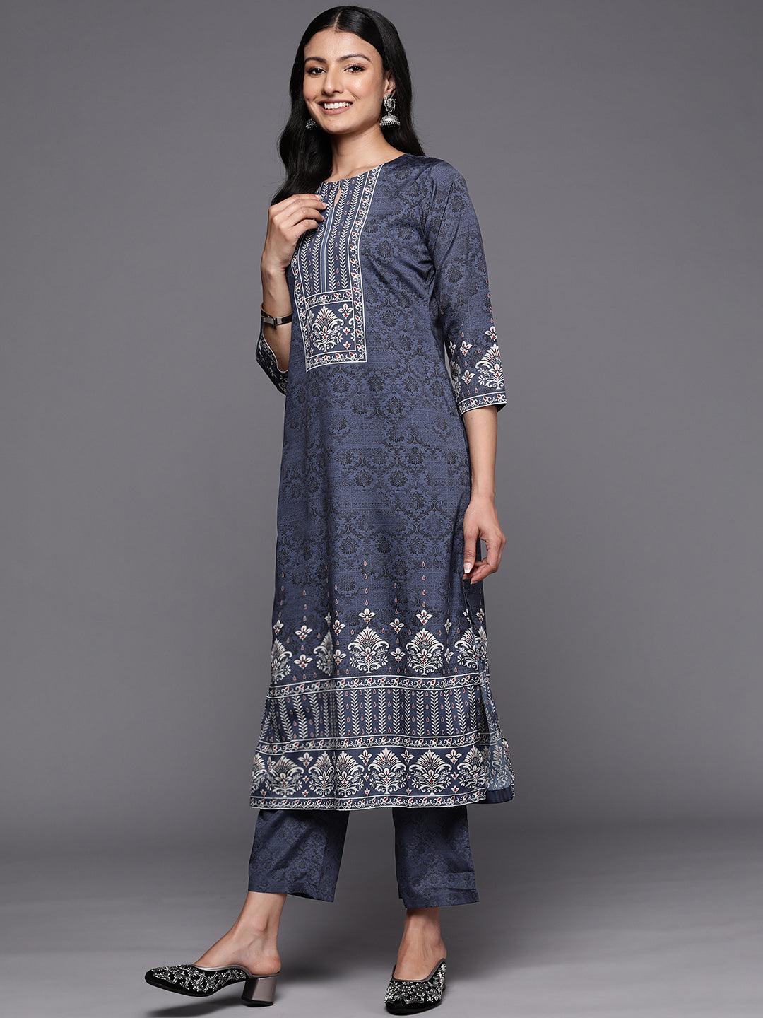 Navy Blue Printed Crepe Straight Suit Set With Trousers - ShopLibas 