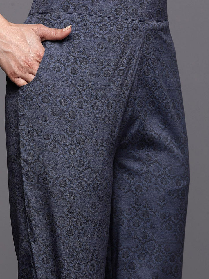 Navy Blue Printed Crepe Straight Suit Set With Trousers