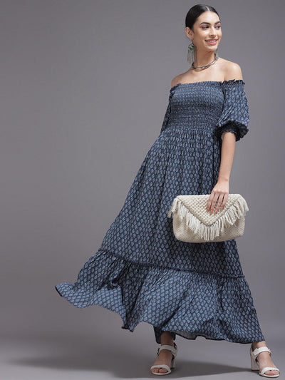 Navy Blue Printed Georgette Dress - ShopLibas