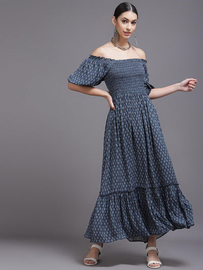 Navy Blue Printed Georgette Dress - ShopLibas