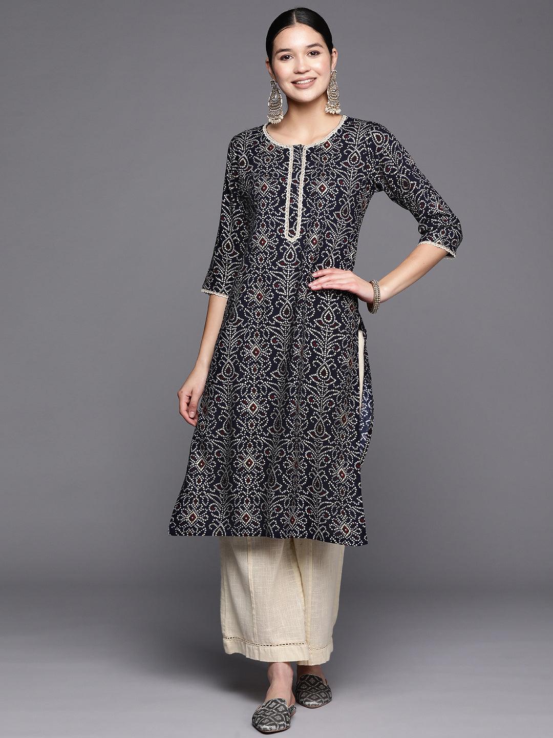 Navy Blue Printed Rayon Straight Kurta - ShopLibas