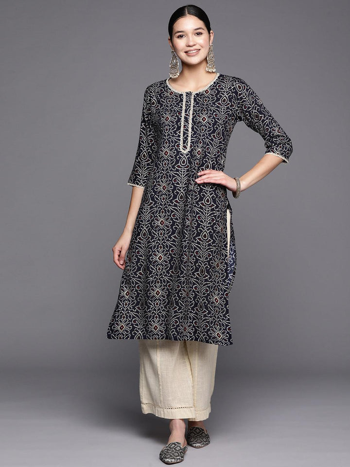 Navy Blue Printed Rayon Straight Kurta - ShopLibas