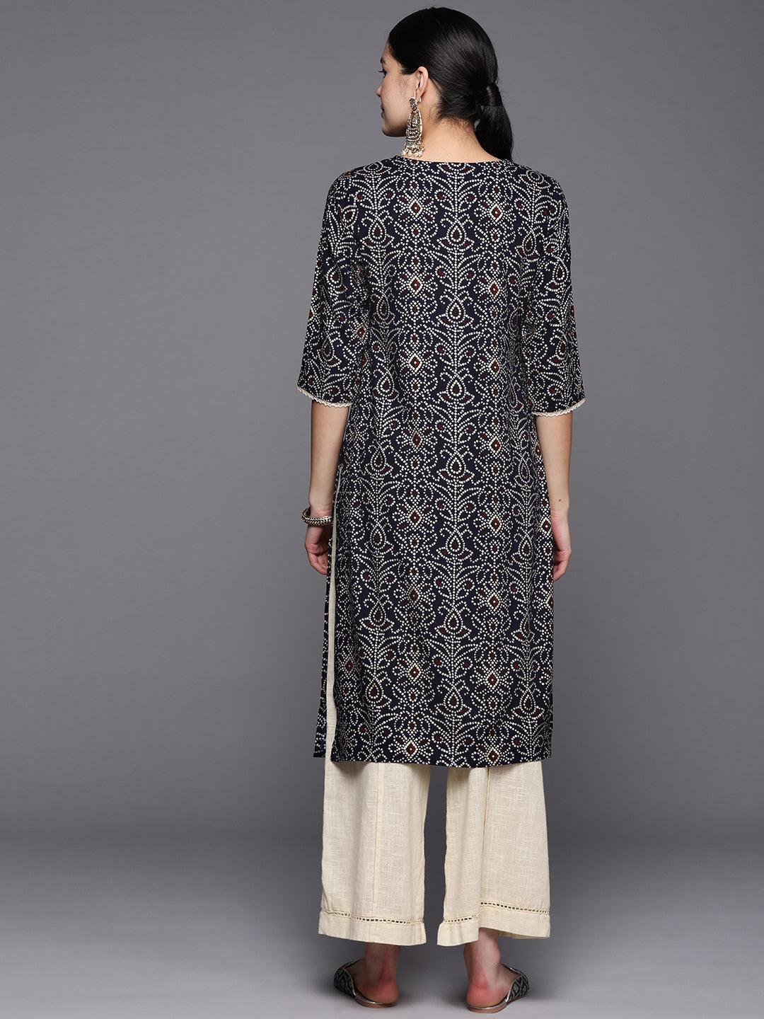 Navy Blue Printed Rayon Straight Kurta - ShopLibas