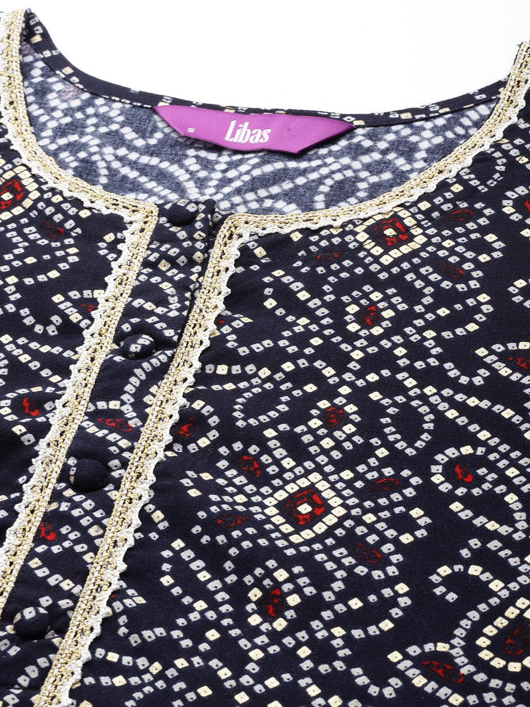 Navy Blue Printed Rayon Straight Kurta - ShopLibas