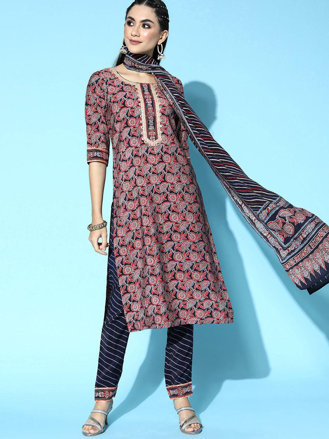Navy Blue Printed Silk Blend Straight Suit Set - ShopLibas