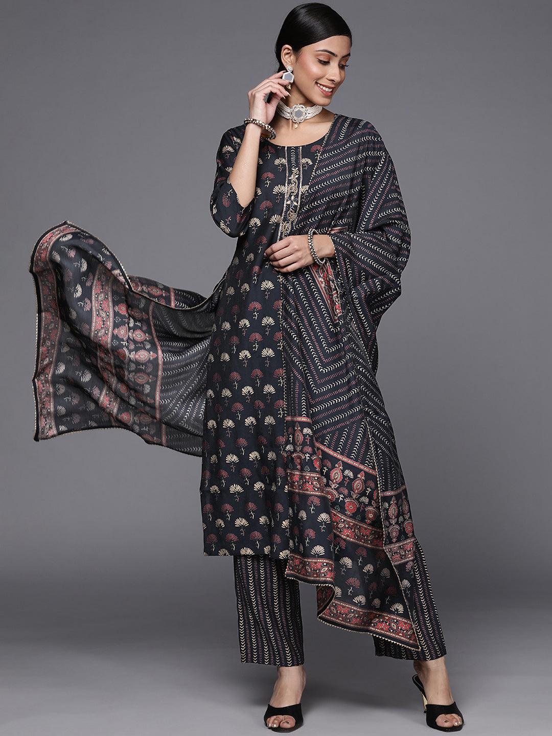 Navy Blue Printed Silk Blend Straight Suit Set - ShopLibas