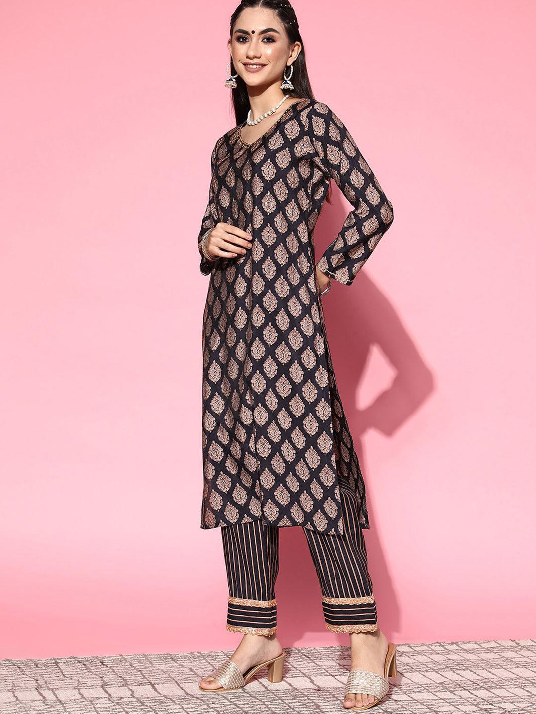 Navy Blue Printed Silk Blend Straight Suit Set - ShopLibas