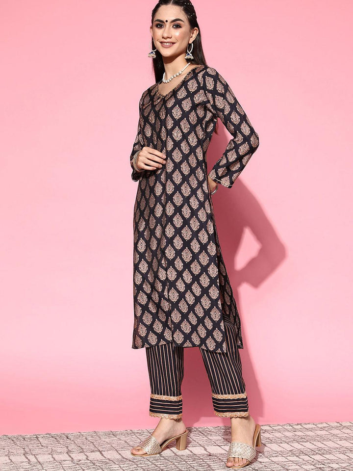 Navy Blue Printed Silk Blend Straight Suit Set - ShopLibas