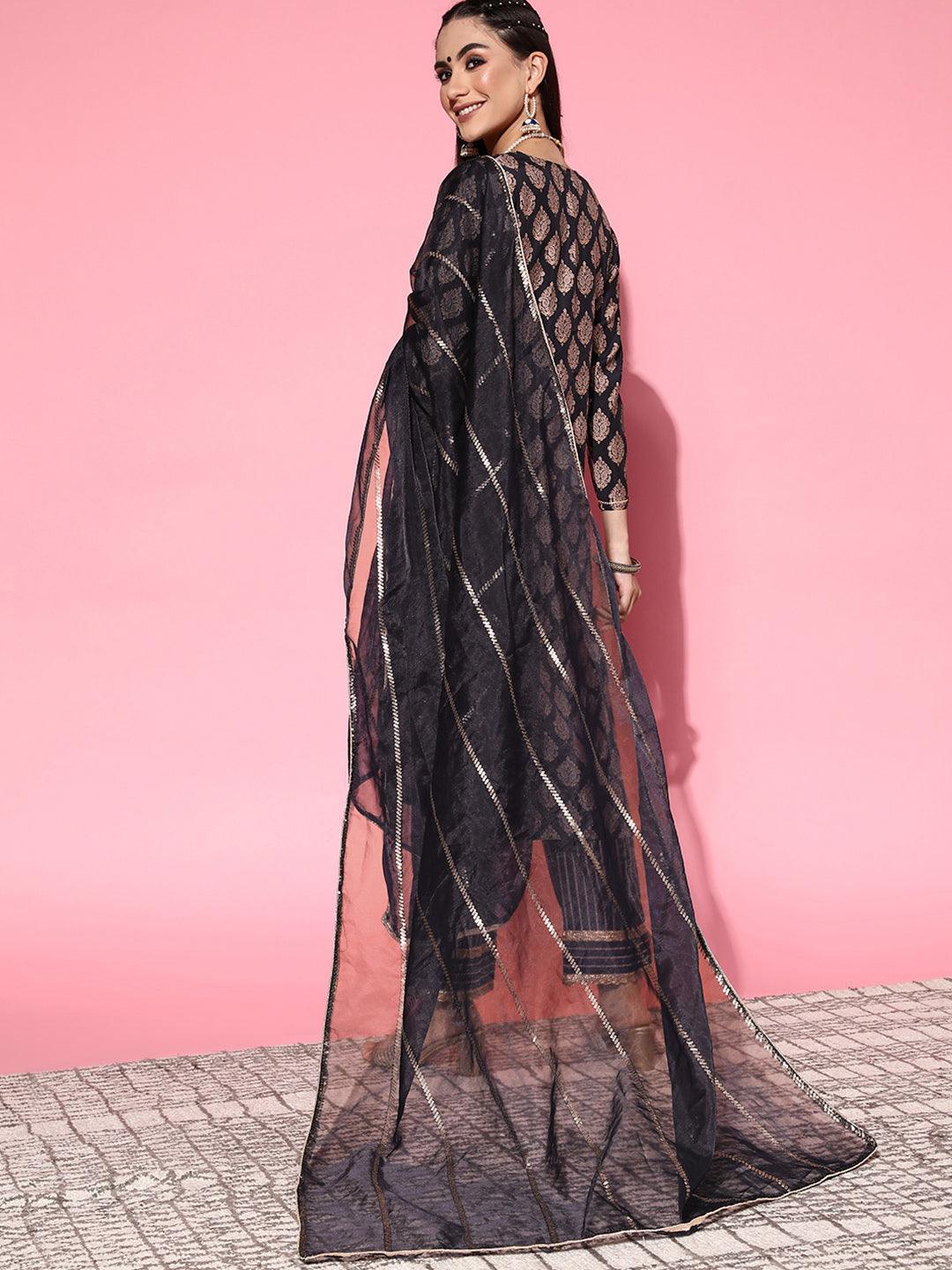 Navy Blue Printed Silk Blend Straight Suit Set - ShopLibas