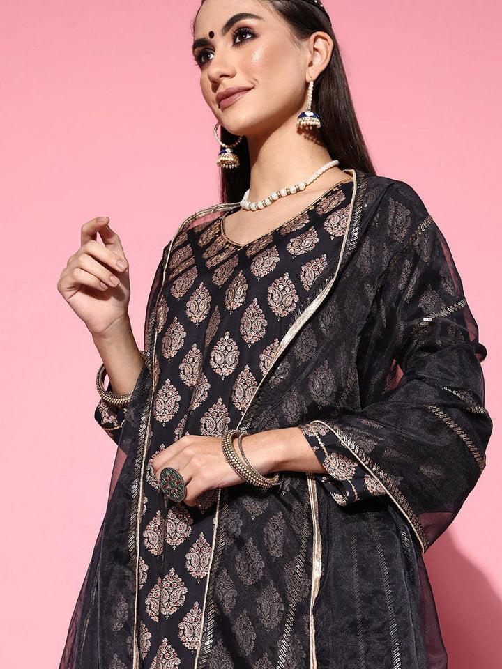 Navy Blue Printed Silk Blend Straight Suit Set - ShopLibas
