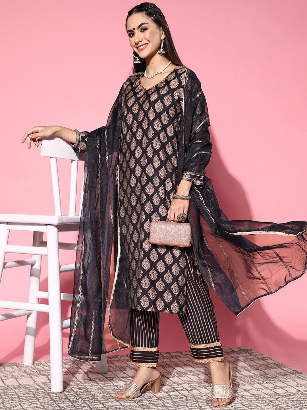 Navy Blue Printed Silk Blend Straight Suit Set - ShopLibas