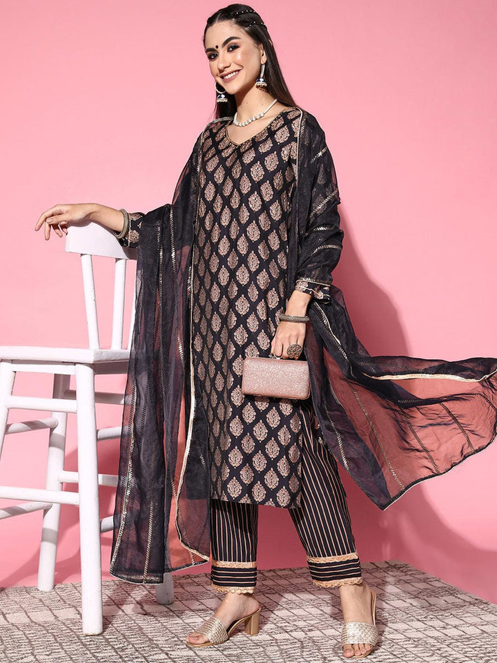Navy Blue Printed Silk Blend Straight Suit Set - ShopLibas