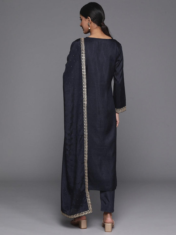 Navy Blue Printed Silk Blend Straight Kurta With Trousers & Dupatta