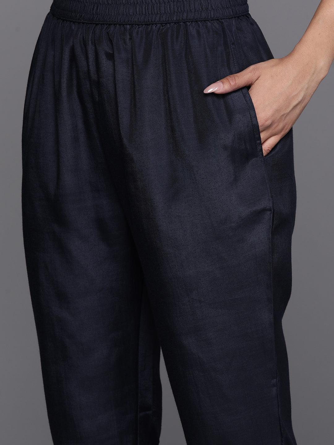 Navy Blue Printed Silk Blend Straight Kurta With Trousers & Dupatta - Libas 