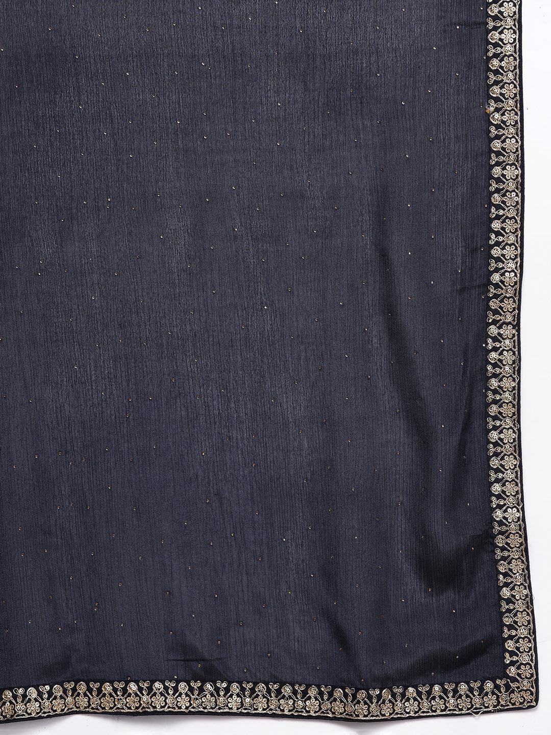 Navy Blue Printed Silk Blend Straight Kurta With Trousers & Dupatta - Libas 