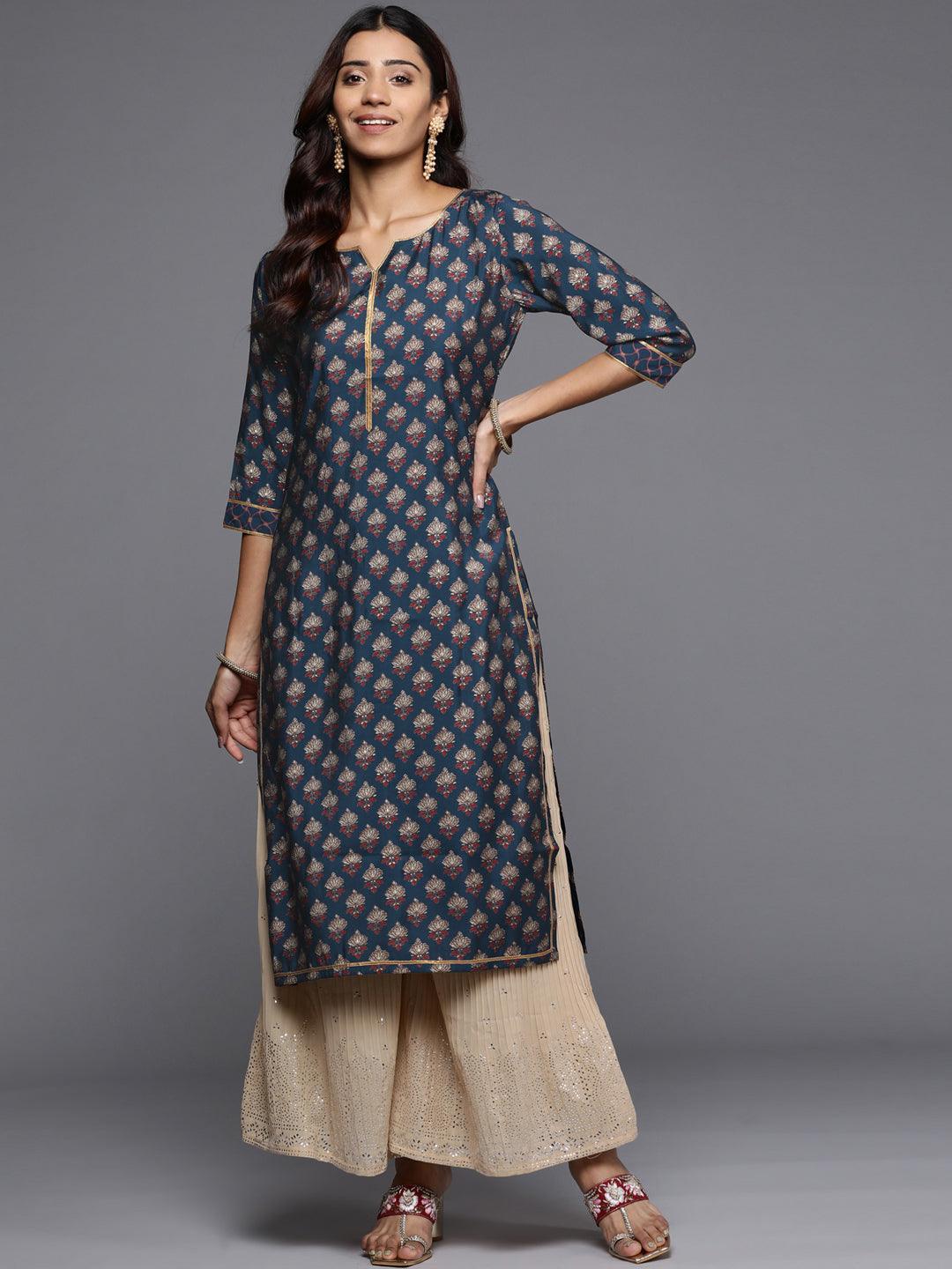 Navy Blue Printed Silk Straight Kurta - ShopLibas