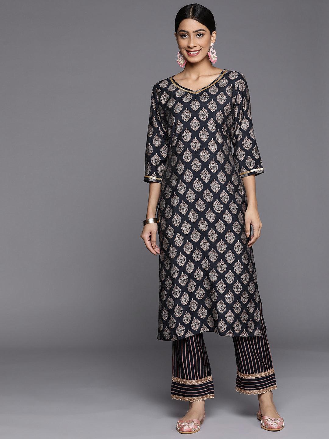 Navy Blue Printed Silk Straight Kurta - ShopLibas