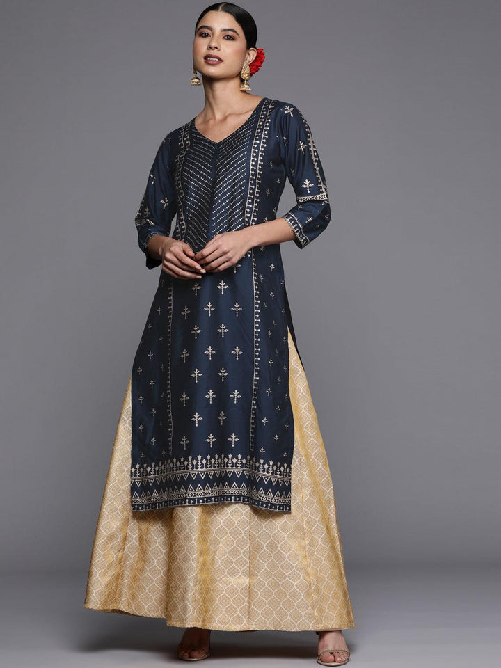 Navy Blue Printed Silk Straight Kurta - ShopLibas