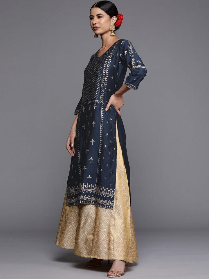 Navy Blue Printed Silk Straight Kurta - ShopLibas