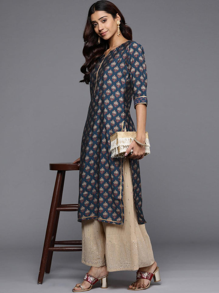Navy Blue Printed Silk Straight Kurta - ShopLibas