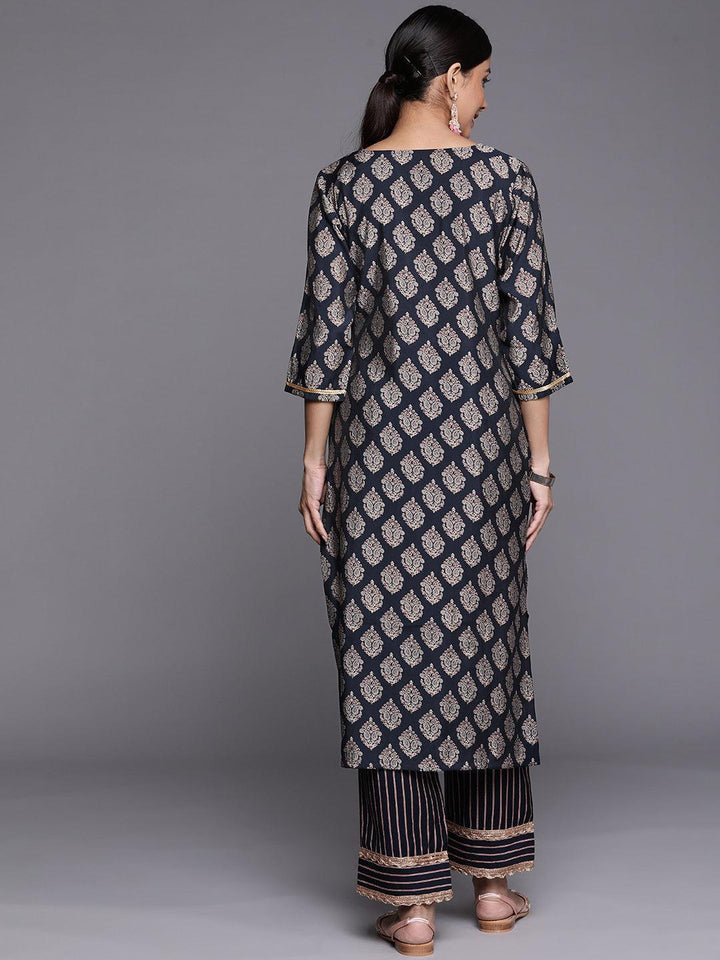 Navy Blue Printed Silk Straight Kurta - ShopLibas