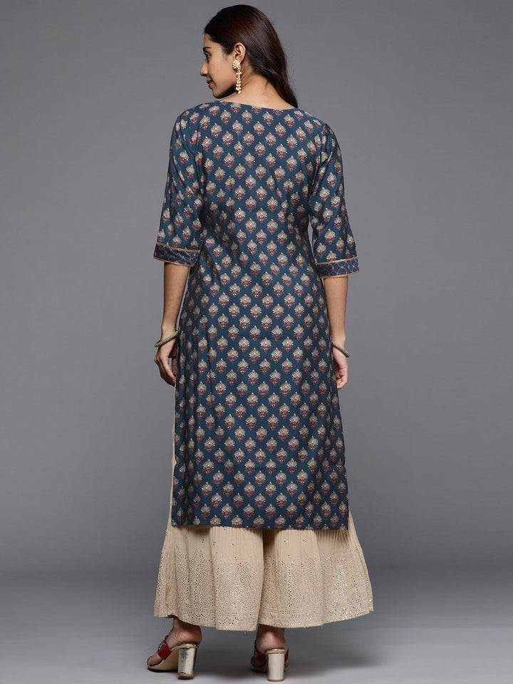 Navy Blue Printed Silk Straight Kurta - ShopLibas