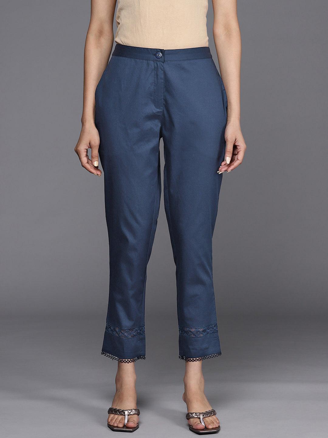 Navy Blue Solid Cotton Trousers - ShopLibas