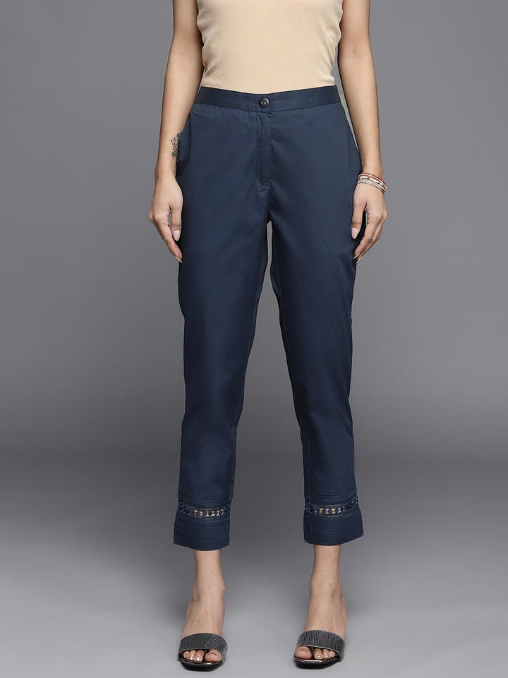 Navy Blue Solid Cotton Trousers - ShopLibas