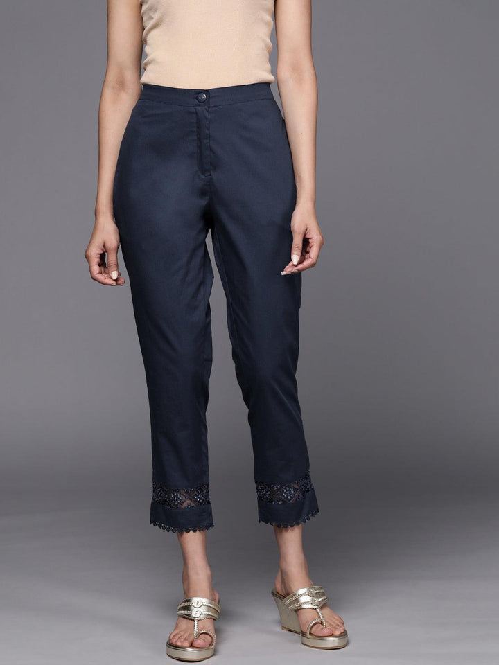 Navy Blue Solid Cotton Trousers - ShopLibas