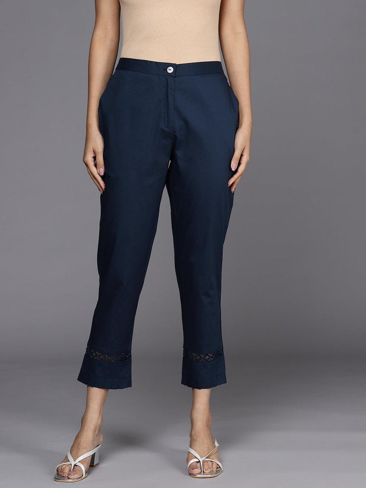 Navy Blue Solid Cotton Trousers - ShopLibas