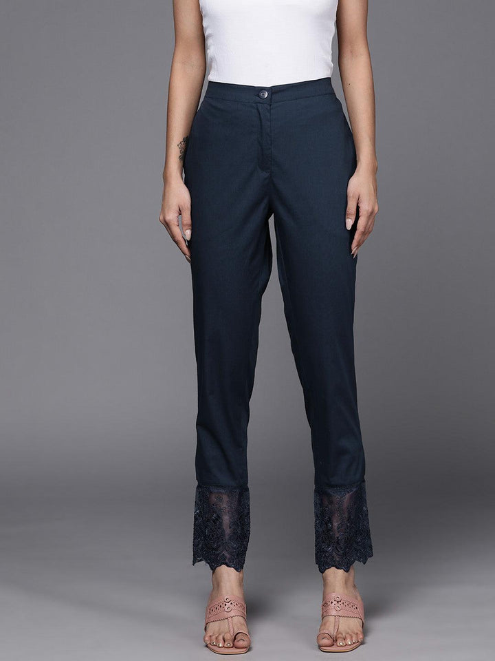 Navy Blue Solid Cotton Trousers - ShopLibas