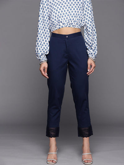 Navy Blue Solid Cotton Trousers - ShopLibas