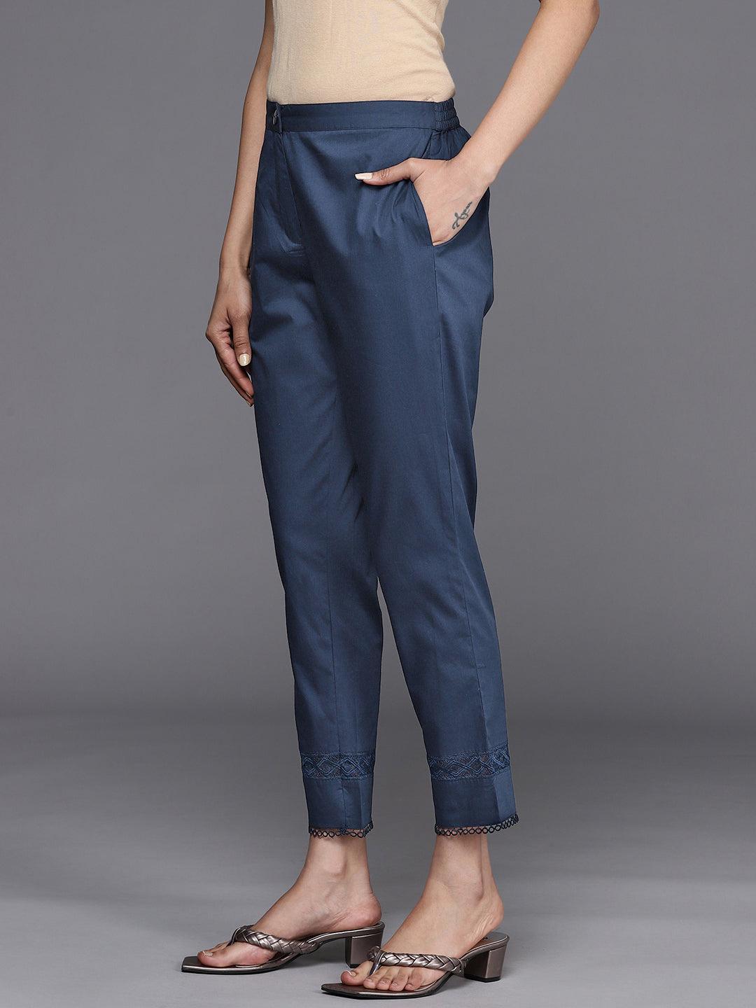 Navy Blue Solid Cotton Trousers - ShopLibas 