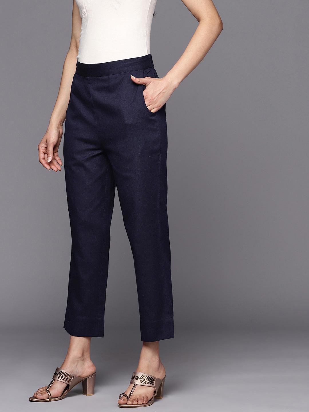 Navy Blue Solid Cotton Trousers - ShopLibas 