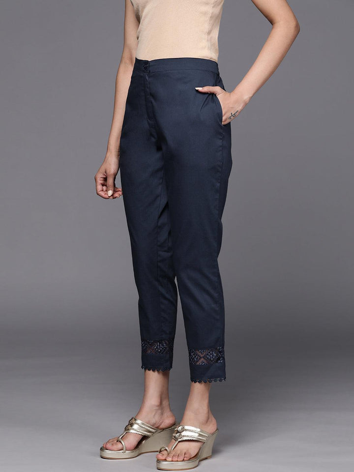 Navy Blue Solid Cotton Trousers - ShopLibas