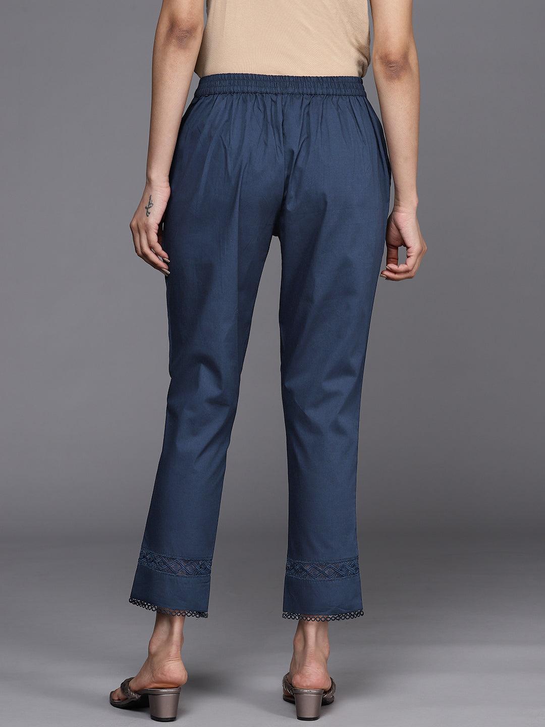 Navy Blue Solid Cotton Trousers - ShopLibas 
