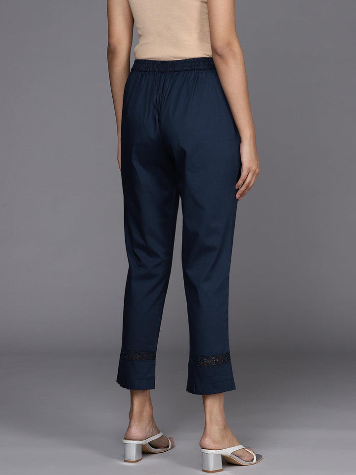 Navy Blue Solid Cotton Trousers - ShopLibas